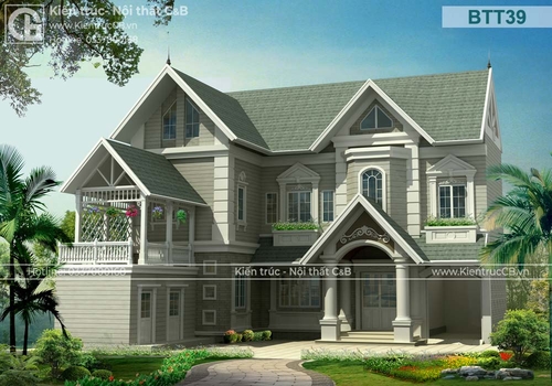 Nét hoài cổ trong mẫu biệt thự 2 tầng màu ghi xanh mái Thái