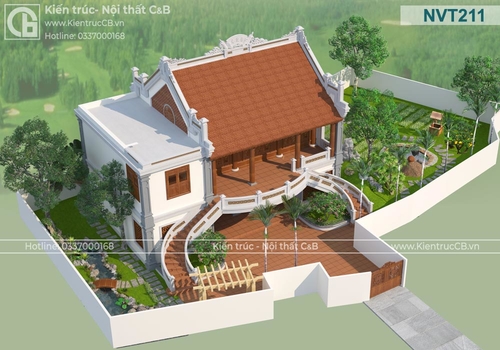 Mẫu nhà cổ 2 tầng độc đáo kết hợp cùng tiểu cảnh sân vườn