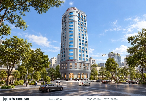 Phương án Hotel Đà Nẵng với mặt tiền bo góc và cửa kính