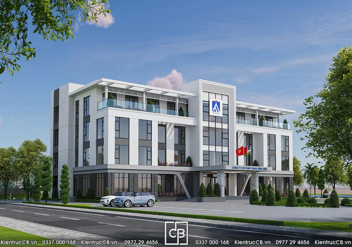 Góc nhìn chéo ban ngày của phương án trụ sở TAKAO Bình Định hiện đại