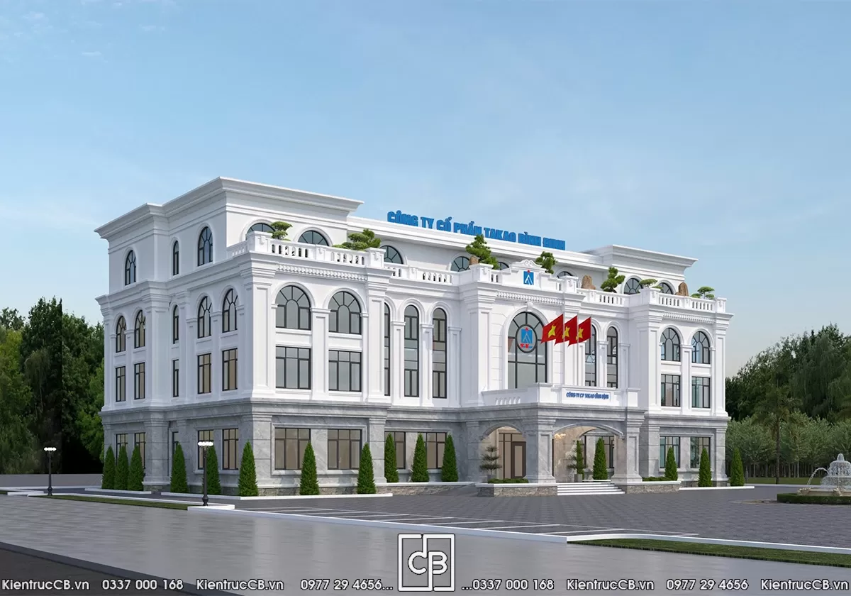 Phương án trụ sở TAKAO Bình Định tân cổ điển với nhịp cột và cửa có viền
