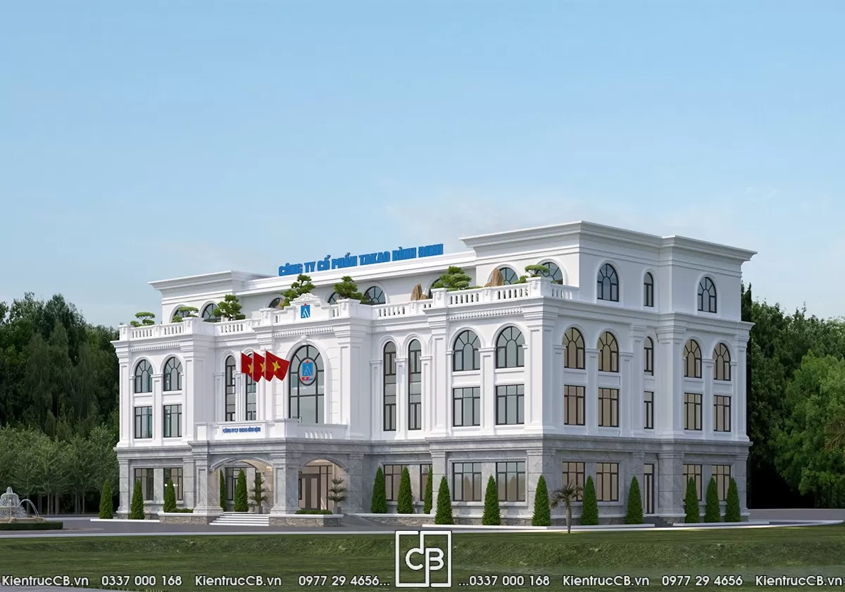 Mặt bên và khu vực sảnh của trụ sở TAKAO Bình Định tân cổ điển