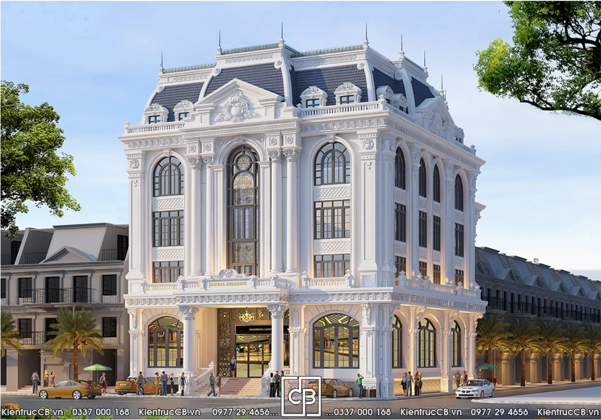 Phối cảnh Royal Building làm rõ đầu hồi trung tâm và nhịp cửa mái