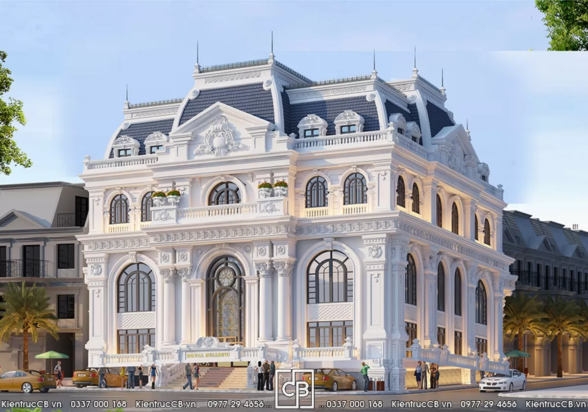 Phương án Royal Building với cửa vòm, ban công và hệ cửa mái lặp đều