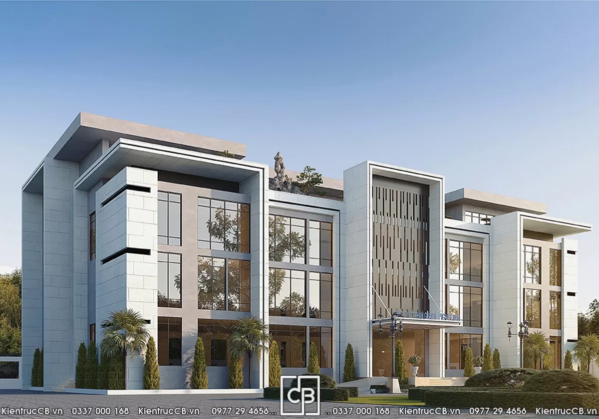 Phương án trụ sở PTG hiện đại với khung sáng màu và các mảng kính rộng