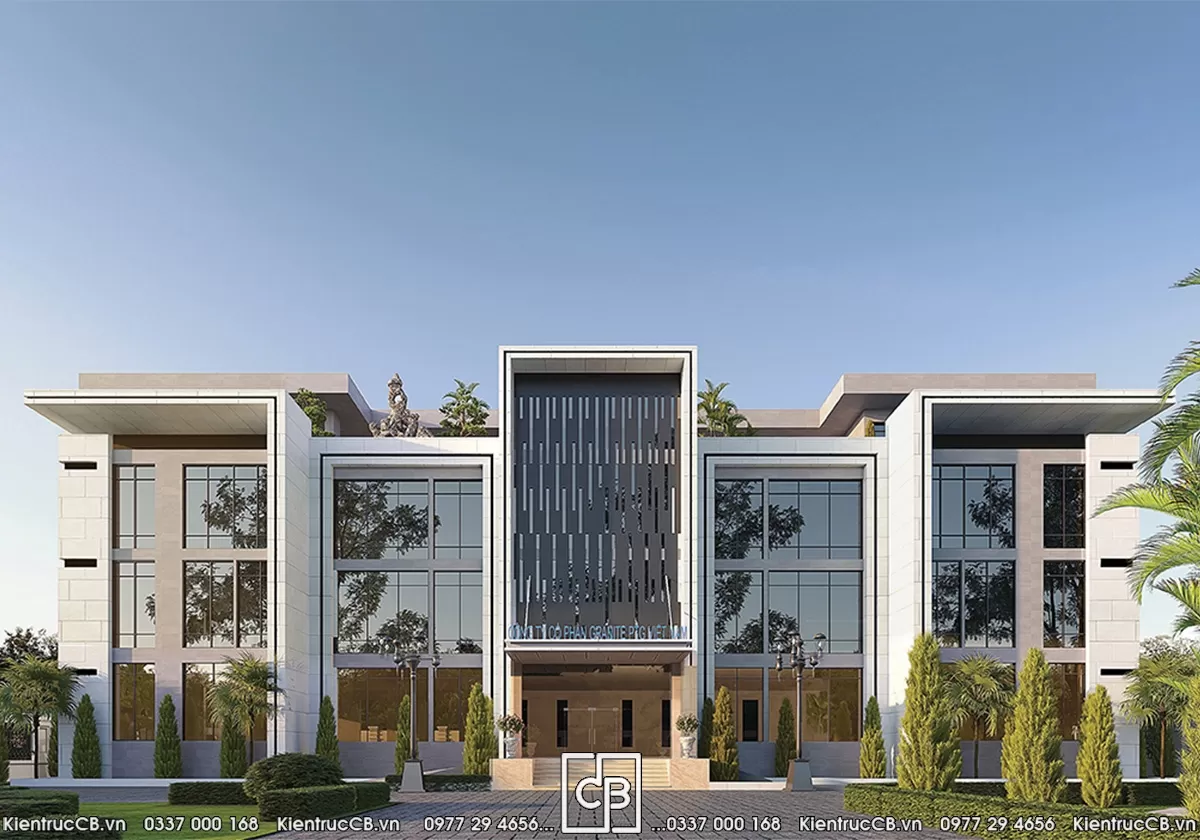 Mặt trước trụ sở PTG hiện đại với hệ thanh đứng ở khối trung tâm