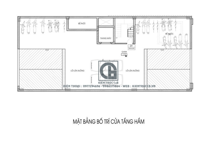 Mặt bằng tầng hầm thể hiện khu để xe và các vùng giao thông. Mặt bằng tầng hầm thể hiện khu để xe và các vùng giao thông