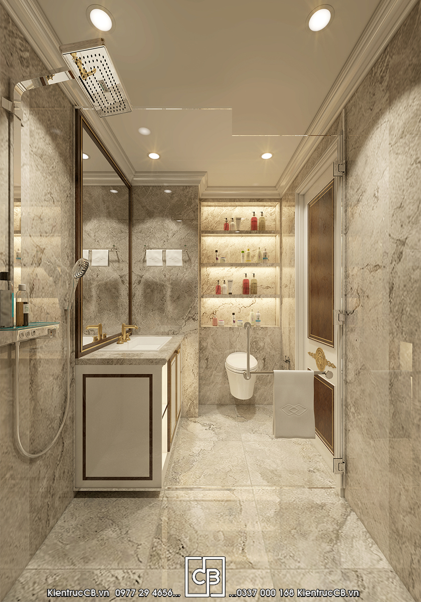 Phòng tắm với vách kính, lavabo và khu vệ sinh ở phía trong