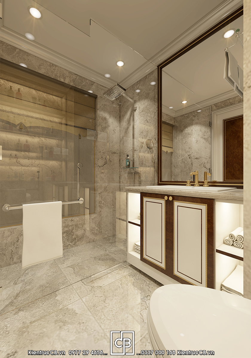 Góc nhìn khu tắm kính và tủ lavabo trong bộ phối cảnh nội thất
