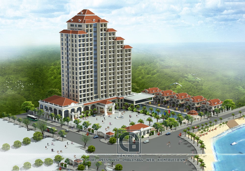 Phối cảnh tổng thể với khối khách sạn cao, các khối thấp tầng và cảnh quan ven nước