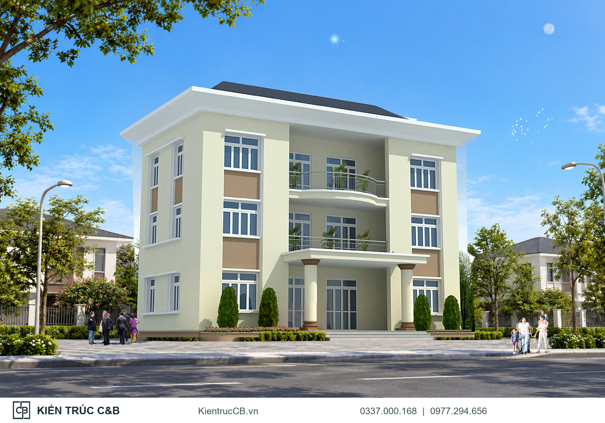 Phối cảnh văn phòng UBND Quận Cầu Giấy với mặt tiền vàng nhạt và mái dốc