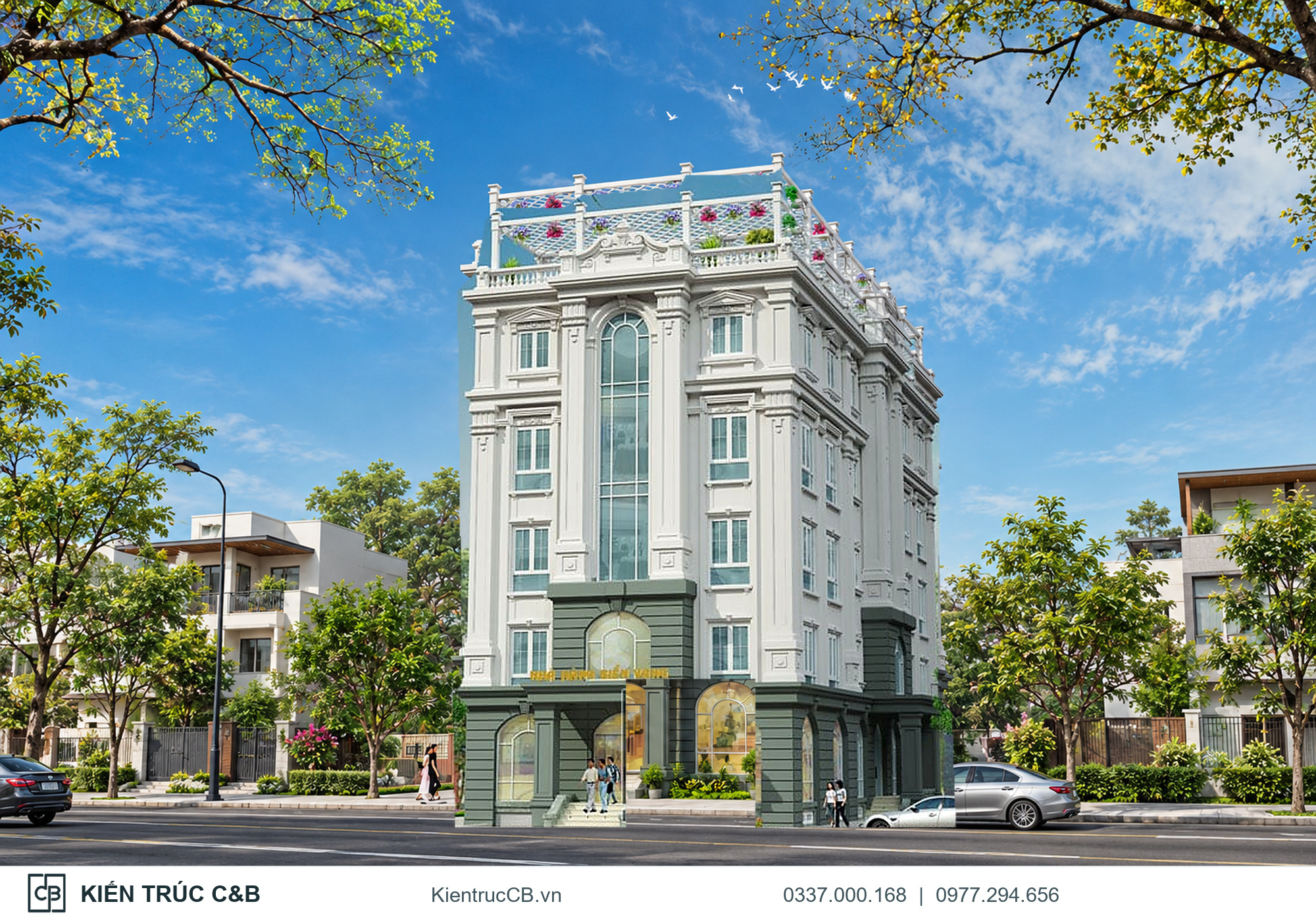 Phối cảnh building năm tầng tại Long Biên với hai mặt tiền và điểm nhấn xanh ngọc