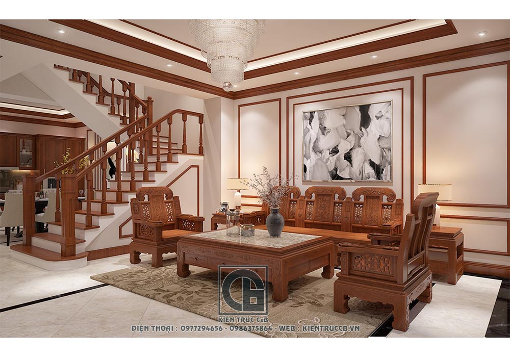 Trang trí nội thất phòng khách bằng gỗ phong cách Tân cổ điển
