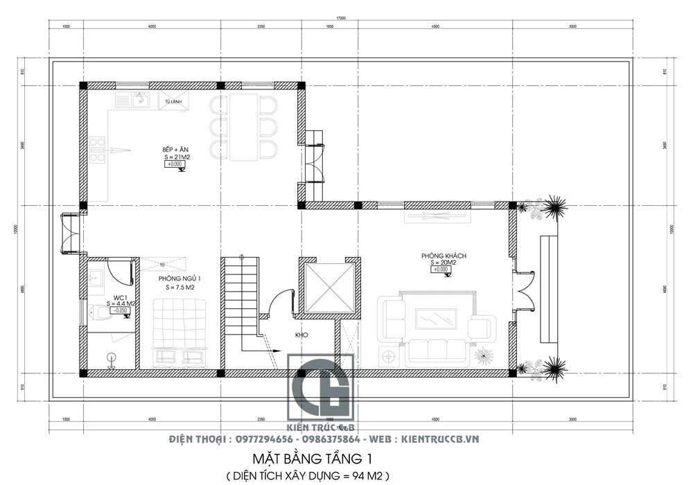 Mặt bằng tầng một biệt thự hiện đại 3 tầng đẹp