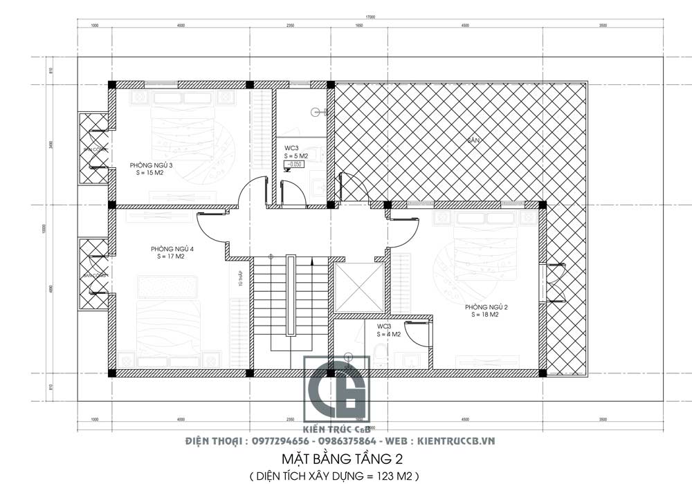 Mặt bằng tầng hai biệt thự hiện đại 3 tầng đẹp