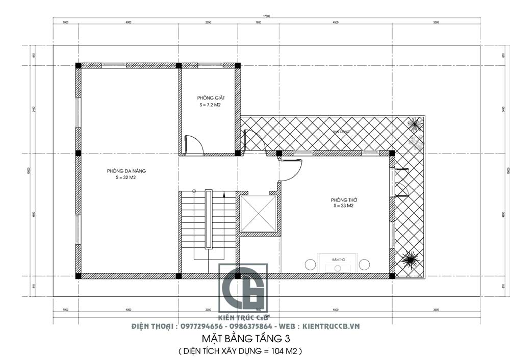 Mặt bằng tầng ba biệt thự hiện đại 3 tầng đẹp