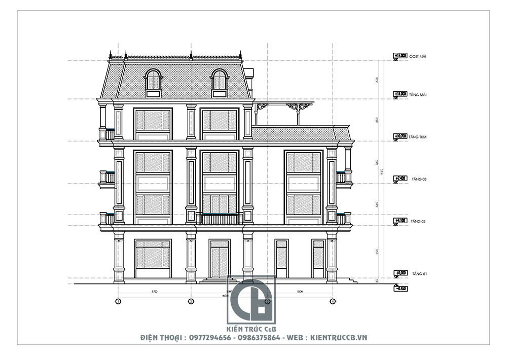 mẫu thiết kế biệt thự 3 tầng 1 tum tân cổ điển