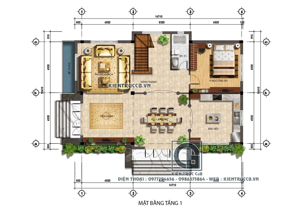 Mặt bằng tầng 1 biệt thự 10x15m