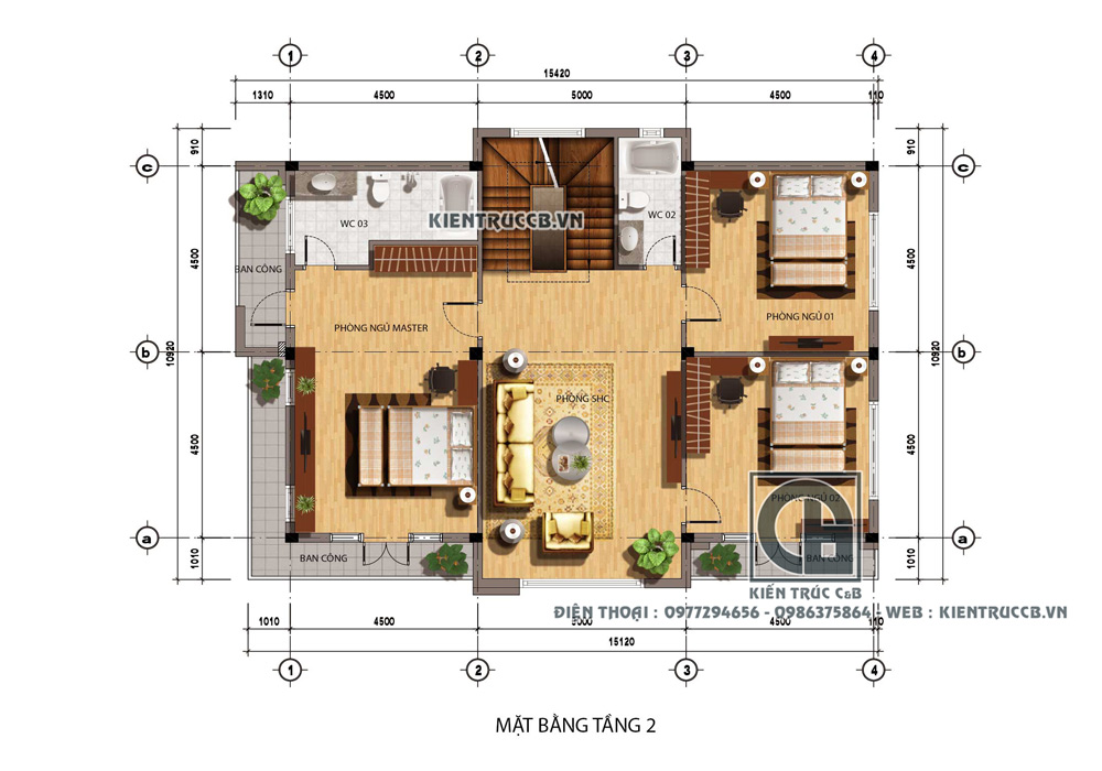 Mặt bằng tầng 2 mẫu nhà 10x15m