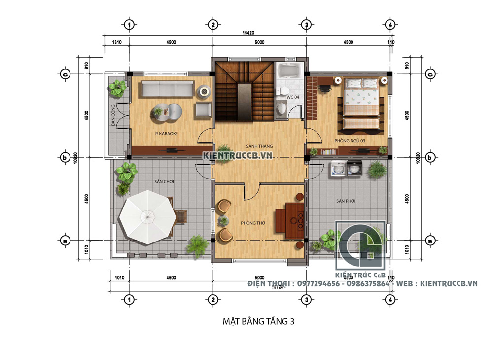 Mặt bằng tầng 3 mẫu nhà 10x15m