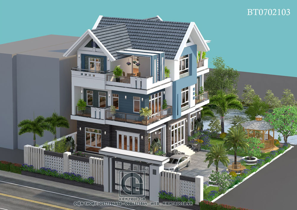 Sân vườn tiểu cảnh mẫu biệt thự mái Thái 3 tầng