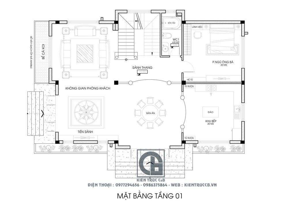 Mặt bằng tầng 1 biệt thự 150m