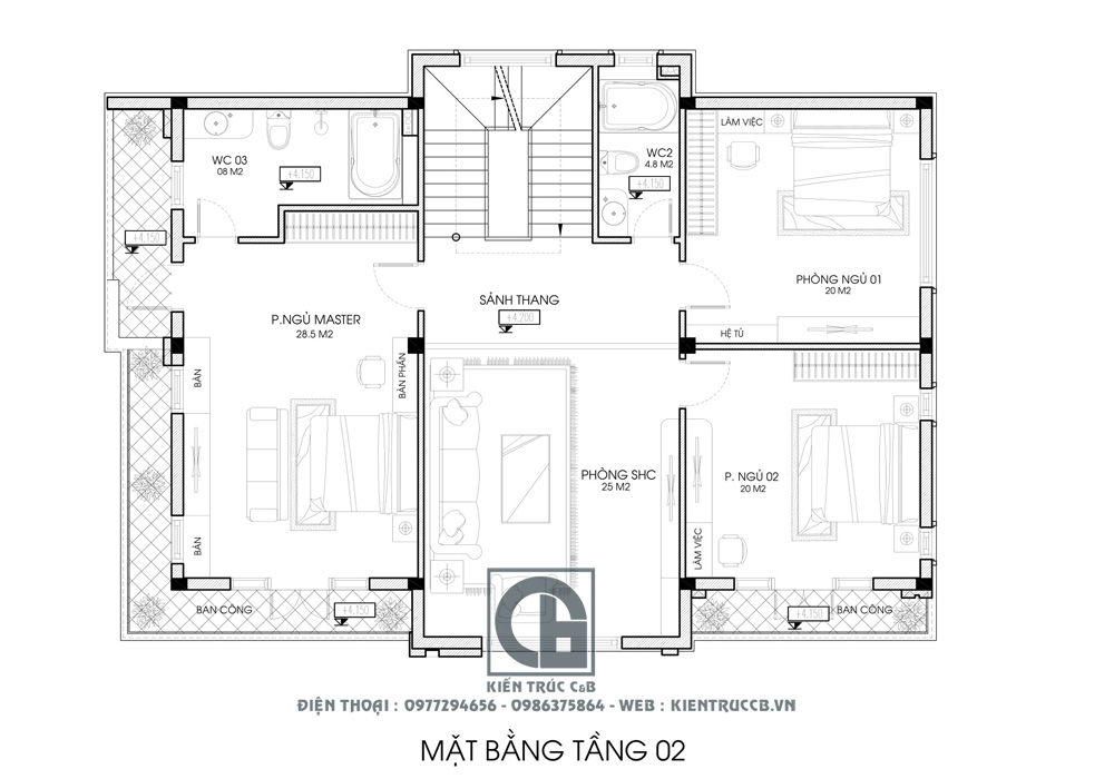 Mặt bằng tầng 2 biệt thự 150m