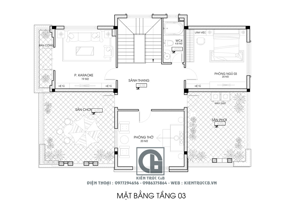 Mặt bằng tầng 3 biệt thự 150m
